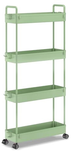 SOLEJAZZ 4-Tier Storage Trolley Cart Slide-out Slim Rolling Utility Cart Mobile Storage Shelving Organizer for Kitchen, Bathroom, Laundry Room, Bedroom, Narrow Places, Plastic, Green
