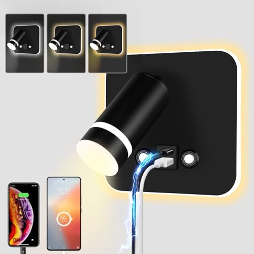 HUIZHOU Leselampe Wandmontage LED Wandleuchte Touch Control 3 Farbtemperaturen Und 12W USB Ladeanschluss 350° Drehbares Bett Leselicht Wohnzimmer und Schlafzimmer (Quadratisch schwarz)