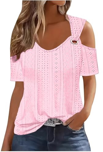 Tops De Verano para Mujer, Camisetas De Manga Corta con Y Hombros Descubiertos, Top Informal Liso con Huecos, Camisetas Básicas 2024 Camiseta Manga Larga Mujer Camiseta Mujer