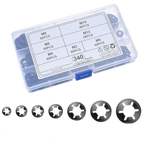 Arandelas Starlock,340 pcs Arandelas Dentadas Internas Arandelas de Desenganche Clips Sujetadores Arandelas Surtido Kit para M3/M4/M5/M6/M8/M10/M12