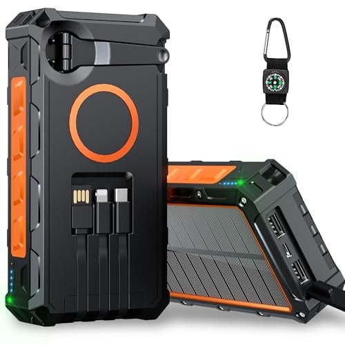 Batterie externe 46800 mAh - Grande batterie de téléphone - Chargeur solaire à manivelle - 3 câbles intégrés - Entrée/sortie USB-C - Charge rapide - Avec lampe de poche pour extérieur - Pour iPhone
