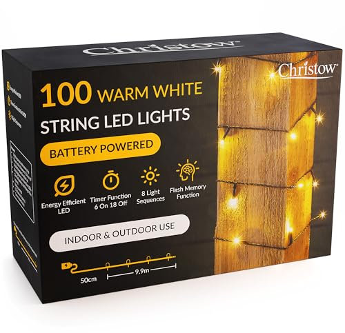 CHRISTOW Christmas Fairy Lights Battery Operated, Warm White LED String Lighting with Timer, Indoor & Outdoor, 8 Light Modes Flashing & Static, Green Cable (100 LED / 10m Lit Length)