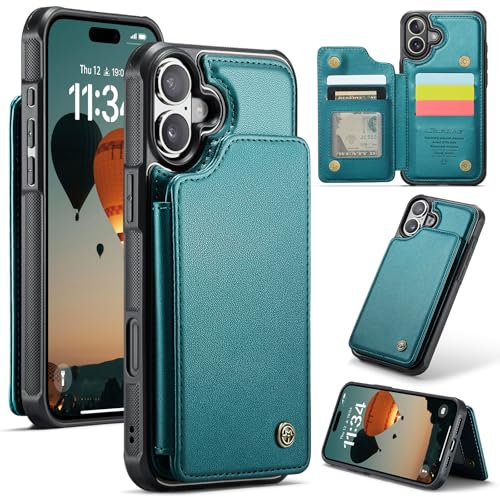 UEEBAI Wallet Case for iPhone 16 Plus, RFID Blocking Card Slots Flip Case PU Leather Kickstand Folio Case Magnetic Clasp Cover Shockproof Case Men Women - Green