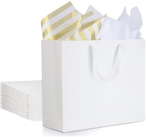 12 Stück Weiß Geschenktüten mit Decoupage Seidenpapier, Groß Papiertüten mit henkel, 250 GMS Verdickte Papier, Geschenktaschen aus Papier Set für Festivalfeier, Hochzeit, Partei, Geburtstag