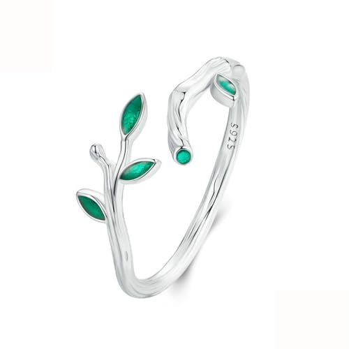 Anillo Apertura Hoja Verde Plata Esterlina S925, Banda Simple Bañada Platino Mujer, Anillo Apilable Ajustable Forma Rama Plata y Hoja Olivo Verde, Anillo Diseño Rama Retro