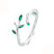 Anillo Apertura Hoja Verde Plata Esterlina S925, Banda Simple Bañada Platino Mujer, Anillo Apilable Ajustable Forma Rama Plata y Hoja Olivo Verde, Anillo Diseño Rama Retro