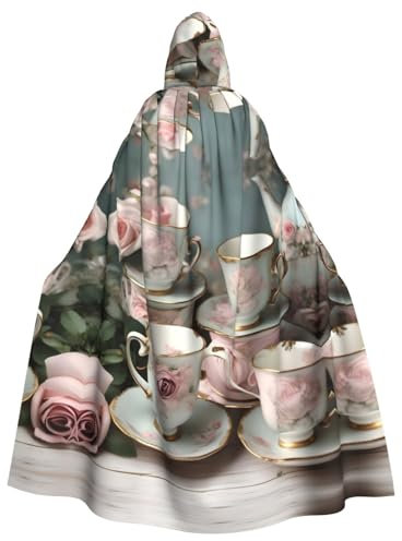 IPPONGET Teetassen mit Rosen, romantischer Druck, Unisex, volle Länge, mit Kapuze, gruseliges Halloween-Kostüm, Zubehör, Mittelalter Hexe, Vampir