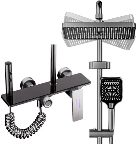 Columna Ducha Negra con Cabezal Cuadrado, Duchas de Baño Columna con 4 Modos - Ducha de Mano, Altura Ajustable, Chorro y Grifo para Bañera | Sistema Moderno para Baño