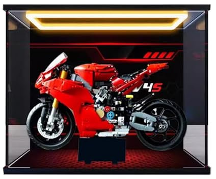 HCAEIOFJ Transparente Acryl-Vitrine für Lego Technic 42202, anwendbar für Ducati Panigale V4 S Motorrad, entworfene Displaybox, Geschenk (nur Vitrine) (Hintergrund + Oberlicht)