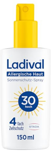 Ladival Sonnenschutz Spray LSF 30 für allergische Haut - Sonnencreme bei Sonnenallergie und Mallorca-Akne, wasserfest, fettfrei, 4-fach Zellschutz, korallenfreundlich, leichte Gel-Formel, 150ml
