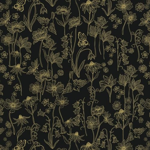 Fiula Selbstklebende Tapete Klebefolie Möbel Blumen Schwarz und Gold Wandpapier 44CMx4.5M Möbelfolie Selbstklebend Dekorfolie Vintage Vögel Wohnzimmer Schlafzimmer Wasserdicht Tapete Küche Wallpaper