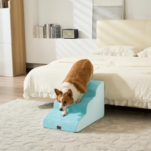 Dripex Hundetreppe 3 Stufen 60x40x40cm, gebogen für Sofa & Bett Blau | Für kleine Hunde & Katzen, 25D Schaum, Cordbezug, abnehmbar & waschbar