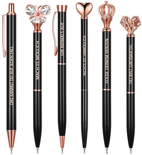 Clabby 6 Inspirierenden Kugelschreiber Motivierende Druckkugelschreiber mit Spruch Metall Aluminium Stiftstab mit Diamant Kristall Schmetterling Kugel Herz Stern Deko mit Kordelzugbeutel(Schwarz)