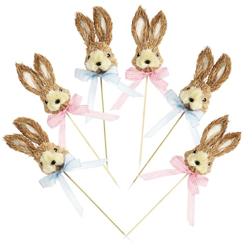 com-four® 6X Blumenstecker im Hasen-Design - Osterhasen-Dekostecker - niedliche Hasenköpfe mit Schleife - Steckdeko für Blumentopf und Beet - Häschen-Pflanzstab - Osterdekoration