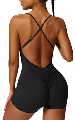 ECUPPER Women Backless Workout Jumpsuits One Piece Adjustable Strap Gym Rompers Zip Up Tummy Control Yoga Bodysuit