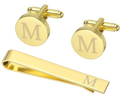 PATIKIL Juego de gemelos para hombre, clip de corbata inicial y gemelos para hombre, gemelos clásicos personalizados de cobre y barra de corbata para padre y marido