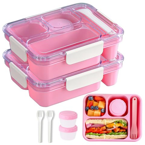 MEEYUU 2 Pack Bento Box Adult Lunch Box, 3 Compartment Meal Prep Container for Kids, Reusable Food Storage Snack Containers Boxes Dishwasher Safe - Stackable for School, Work, and Travel (Pink)