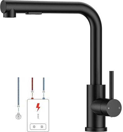 FORIOUS Niederdruck-Küchenarmatur, Einhebel-Warm- und Kaltwasserhahn, Wasserhahn mit 3 anschluessen fuer boiler, geeignet für Boiler und Untertischboiler, Mat Zwart