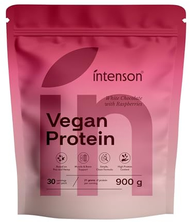 Intenson Vegan Protein Powder, White Chocolate Raspberry, 900g, 30 Servings | 21,9 g of Protein per Serving, Pea & Hemp Blend, 100% Plant-Based, Lactose-Free, Gluten-Free, No Sugar or Sucralose