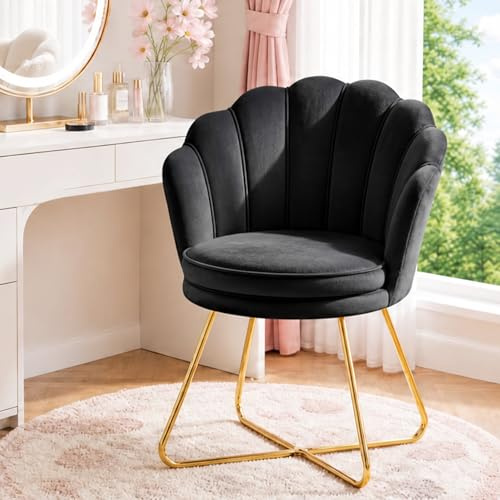 Hellove Chaise Coiffeuse, Chaise Coquillage Velours avec Pieds en Métal l'or, Fauteuil Salon Confortable, Fauteuil Lecture, Chair pour Salon, Chambre, Tabouret Coiffeuse, Noir