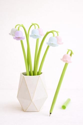 Aurus Bell blomma kulspetspennor – set med 5 Lily of the Valley Bell söta silikonpennor för kvinnor, gåvor och skrivbordsdekor