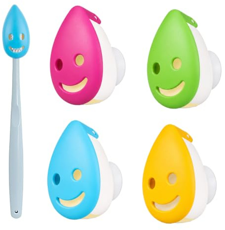Voarge Antibakterieller Zahnbürstenhalter mit Saugnapf, 4 Stück, Smiley-Design, Mehrfarbig