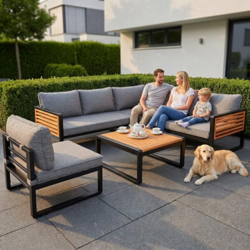 Su & Chan Legence Gartenmöbel Set für 5 bis 6 Personen, Outdoor Gartensofa aus verzinktem Eisen und Holz, wetterfestes Lounge Set mit Couchtisch und Sitzkissen, Grau