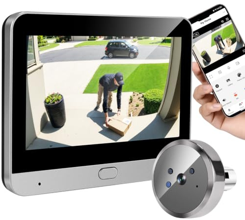 Radar détection judas de porte caméra surveillance WiFi 2K avec microphone, mini caméra numérique avec écran couleur 4,3, batterie 5000 mAh, angle 140°, vision nocturne, Wi‑Fi 2,4 GHz