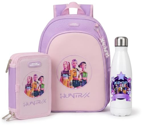 VARZI Set Scuola 3 in 1 Zaino + Astuccio + Borraccia Rosa Lilla Pastello – Zainetto Scuola per Bambine e Ragazze – Kit Scolastico Coordinato con Borraccia in Omaggio – Idea Regalo Kpop Demon Hunter