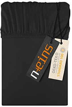 npluseins Jersey Spannbettlaken aus 100% Baumwolle - in 22 Farben - in 6 Größen, ca. 120 x 200 cm, schwarz