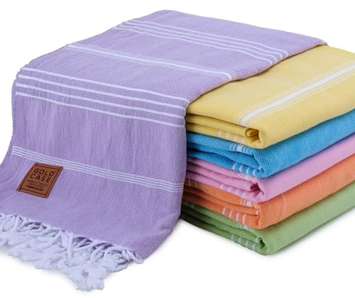 Gold CASE - 6er-Set – XXL 178 x 99 cm – Original LYCIA türkisches Strandtuch, Badetuch – 100% Baumwolle Pestemal für Strand, Spa, Yacht, Picknick (Pastell – Rosa Grün Flieder Gelb Orange Türkis)