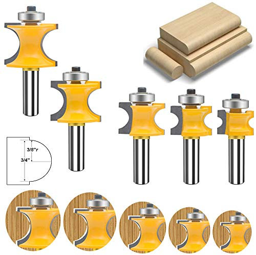 MAYLNE 1/2 Inch Shank Bullnose Router Bit 5PCS,Half Round Bearing Carbide Tipped Round Edge Cutting Bits,Radius 1/8 3/16 1/4 5/16 3/8 Woodworking Tool(1/2, YXD-5512)