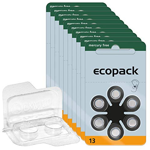 60x ecopack Hörgerätebatterien 13 (Orange), 10x6er Blister PR48 1,4V + Aufbewahrungsbox für 2 Hörgerätebatterien (alle Größen), transparente Batteriebox für Zwei Knopfzellen bis 12 mm x 6 mm (Ø x H)