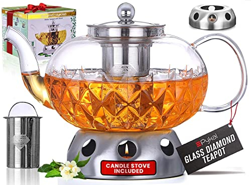 Pykal Théière en Verre avec Infuseur Amovible - 1.5L - Réchaud à Bougie Inclus - Theiere Transparente en Forme de Diamant pour Thé Vrac ou Fleurs - Bouilloire en Verre