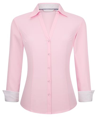 Alex Vando Chemise Femme Coupe Classique Manches Longues Chemise de Travail Extensible | UPF30+, facile d'entretien, lisse et doux au toucher, confortable, col en V, excellente chute, contraste sur l'intérieur du