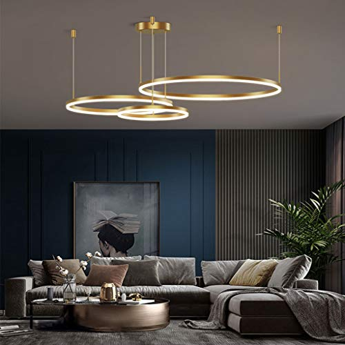 FUMIMID LED Pendellampe Wohnzimmerlampe Pendelleuchte Mit Kronleuchter Moderne Esstischlampe Aluminium Runde Acryl Beleuchtung Deckenleuchte,Gold,3laps30+50+70cm