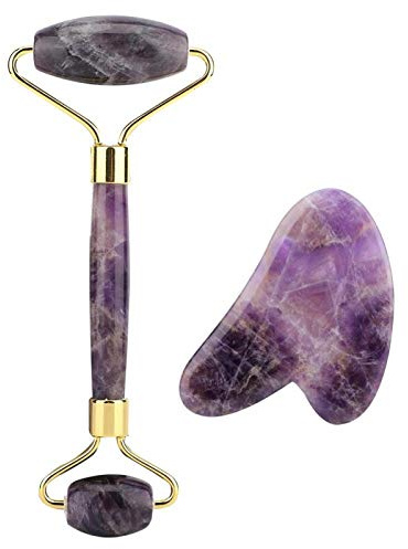 Massageroller,Natürlicher Amethyst Doppelkopf Jadestein Roller & Guasha Schrottplatte Gesichtsmassage Werkzeugsatz