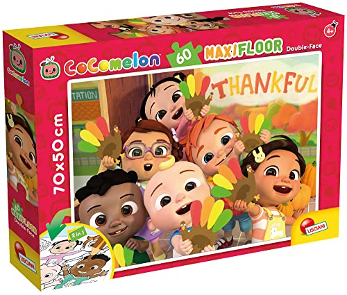 Lisciani - CoComelon - Bodenpuzzle mit 60 großen Teilen ab 3 Jahren | Wendepuzzle - Rückseite zum Ausmalen im Format 70 x 50 cm - Dicke Teile für kleine Hände - Fördert Feinmotorik und Geduld