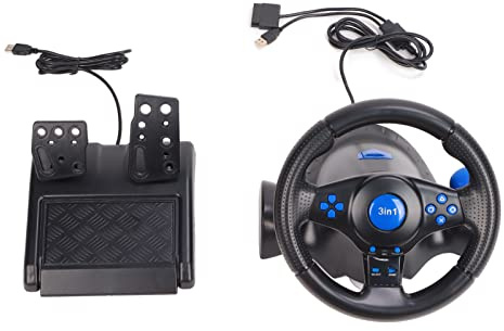 Xirfuni Gaming-Lenkrad, 180-Grad-Drehung, USB, Multifunktionales 3-in-1-Game-Rennrad mit Pedalen, Kompatibel mit PS3/PS2/PC