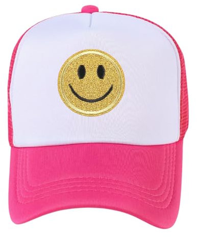 lycycse Smile Face Hat Damen Mesh Neon Trucker Hüte mit Pailletten Smile Patch Preppy Hat Retro Baseball Cap, Pink/Weiß, Einheitsgr��e