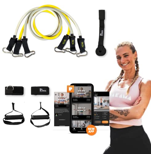 PAKAMA - Premium Widerstandsbänder Set inkl. Griffe, Fußschlaufen & Türanker für Home Gym & Krafttraining Zuhause - Resistance Bands 14kg, 16kg und 18kg - Fitness-Bänder für bis zu 100kg Widerstand