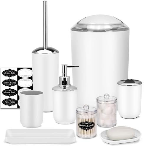 IMAVO Ensemble d'accessoires de Salle de Bain - 8 pièces - Blanc - avec Poubelle, Distributeur de Savon, Porte-Savon, Porte-Brosse à Dents, gobelet à Brosse à Dents, Porte-Brosse de Toilette,