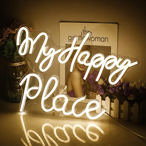 My Happy Place - Letrero de neón con palabras blancas cálidas, luces de neon para dormitorio, letreros de bar, acrílico USB alimentado para sala de estar, hogar, letrero de neón de fiesta más grande