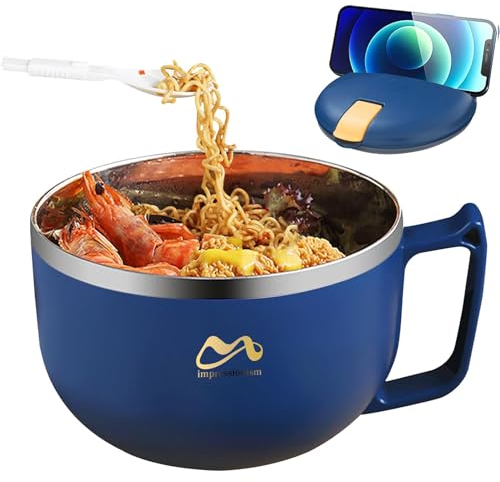 Pasdrucn Instant-Nudeln Schüssel mit süßen Aufklebern, 900ML Auslaufsicher Nudelschale Edelstahl, Bento-Box RamenSchüssel Mit Deckel Und Griff, Küchenzubehör Für Gemüse, Obst, Ramen (Blau,900ML)