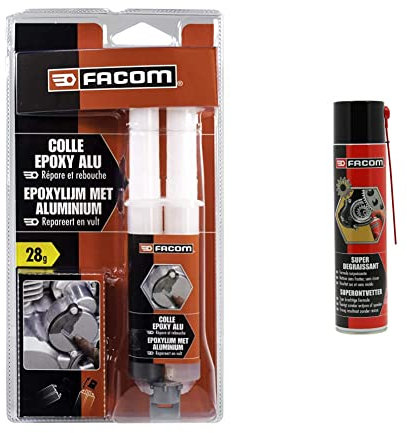 Facom 006090 Colle Epoxy Alu pour pièces métalliques-Plastiques-Bois 28g & 006066 Super Dégraissant Mecanique, Aerosol 600 ml Tuyau Prolongateur
