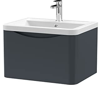nuie LUN1405A Lunar Modern Bathroom Wall Hung 1 Drawer Vanity Basin Unit & Ceramic Basin, 600mm, Soft Black
