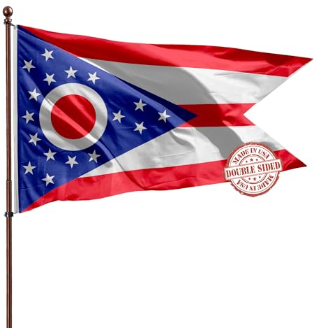 Doppelseitige Ohio-Flagge, 90 x 150 cm, für den Außenbereich, 3-lagig, 240D, 4 Reihen genäht, Flagge des Bundesstaates Ohio, UV-beständig, mit Segeltuchkopf und 2 Messingösen