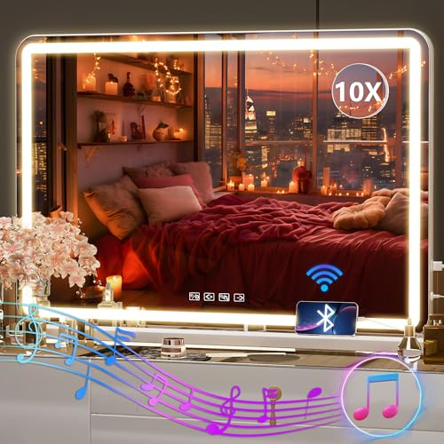 Hasipu Vanity Mirror with Lights and Bluetooth Speaker, 32 x 21.7 LED Makeup Mirror, Lighted Makeup Mirror with Dimmable 3 Modes, USB Charging Port, Round White