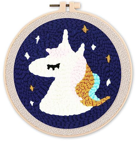 Figured'Art Punch Needle Set für Erwachsene - Stickerei, ideal für Anfänger - Einhorn - 20x20cm mit rundem Rahmen