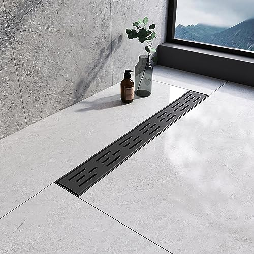 EMKE Linear Shower Drain 600mm, 304 Stainless Steel Long Invisible Shower Floor Drain with Odor Stop and Hair Strainer, Wet Room Drain for Kitchen, Bathroom and Washroom - Matte Black